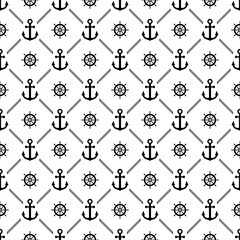 Anchor and helm ship seamless pattern. Black symbol boat or steering on white background. Repeated marine texture. Repeat nautical design for travel prints. Repeating sea backdrop. Vector illustration