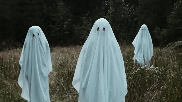Three kids dressed up as ghosts celebrating Halloween white ghost in grass field