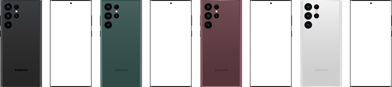 New Samsung - Galaxy S22 - Burgundy / Phantom Black / Green / White color. Smartphone screen mockup front and back view. Phone mockup with transparent screen on transparent background. PNG image