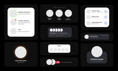 Big Set of User Profile Banners and Chats Illustrations. Social Media UI Concept in Minimalistic Design on Black Background. Empty Circle for Adding User Profile Icon. Fully Editable. Web Element for