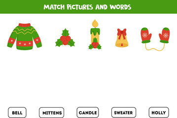 Matching game. Match Christmas elements with words.
