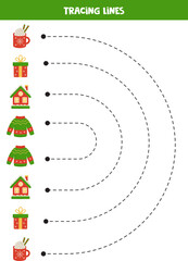 Tracing lines for kids. Cartoon Christmas elements. Writing practice.