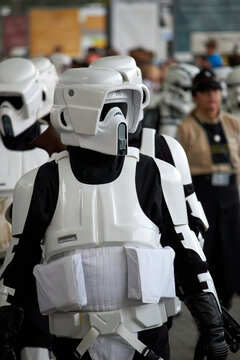 VALENCIA, SPAIN - OCTOBER 2022: Scout trooper soldier during Star Wars reenactment.
