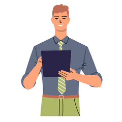 A man in a shirt and tie uses a tablet or a folder with documents. A businessman is holding a device and touching the screen with his finger. Portrait of a young businessman. Flat vector isolated.
