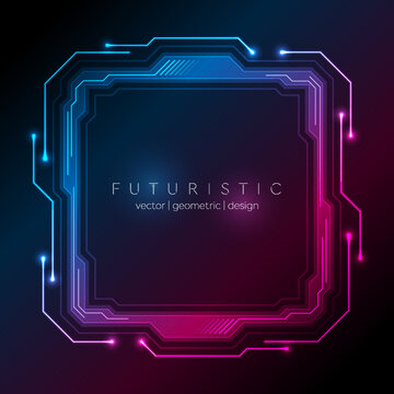 Neon blue purple technology frame with circuit board lines. Futuristic geometric vector design