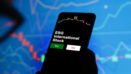 An investor's analyzing the ESG International Stock etf fund on screen. A phone shows the ETF's...