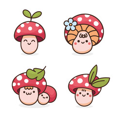 Set cute kawaii fly agaric mushrooms. Colorful vector illustration isolated on white background in cartoon style