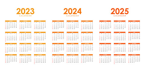 Set of 2023, 2024, and 2025 annual calendar template design