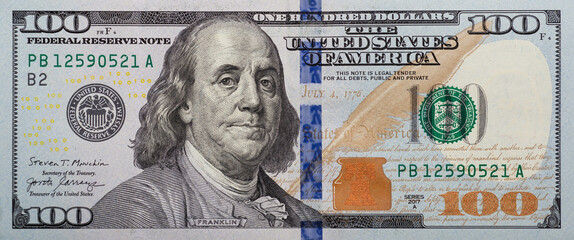 One hundred dollars , close - up . With small details. - obrazy, fototapety, plakaty