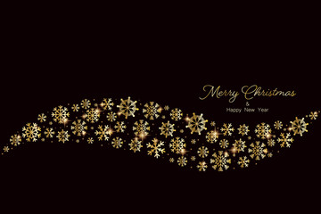 Merry Christmas and Happy New Year greeting card design with golden stars and snowflakes decorated on Christmas background for banner, poster or cards. Beautiful Christmas background.