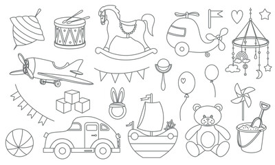 Baby Boy Toys Vector set in cartoon outline style. Drawing of ball and car. Sketch of plane and rocking horse. Dram with snare and helicopter. Illustration of Funny bundle for game on white background