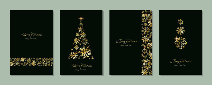 Merry Christmas and Happy New Year greeting card design with golden stars and snowflakes decorated on Christmas background for banners,pposters,or cards. Beautiful Christmas background collection.
