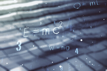 Scientific formula illustration on abstract metal background, science and research concept. Multiexposure