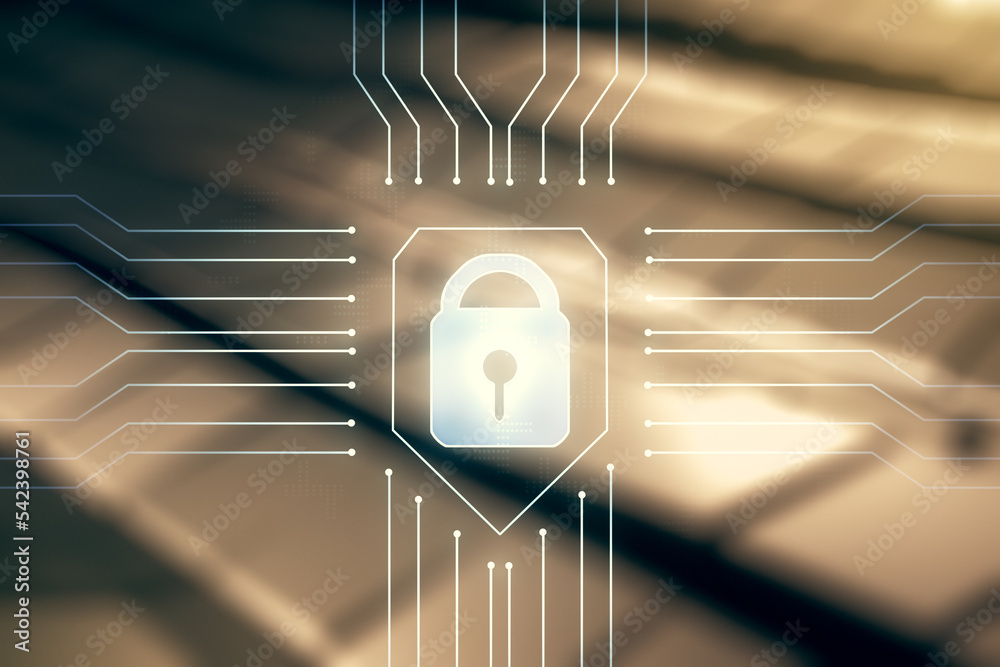 Poster double exposure of virtual creative lock hologram with chip on blurry abstract metal background. inf