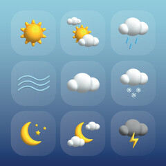 Vector collection of 3d style simple weather icons, meteorology daily forecast app symbols