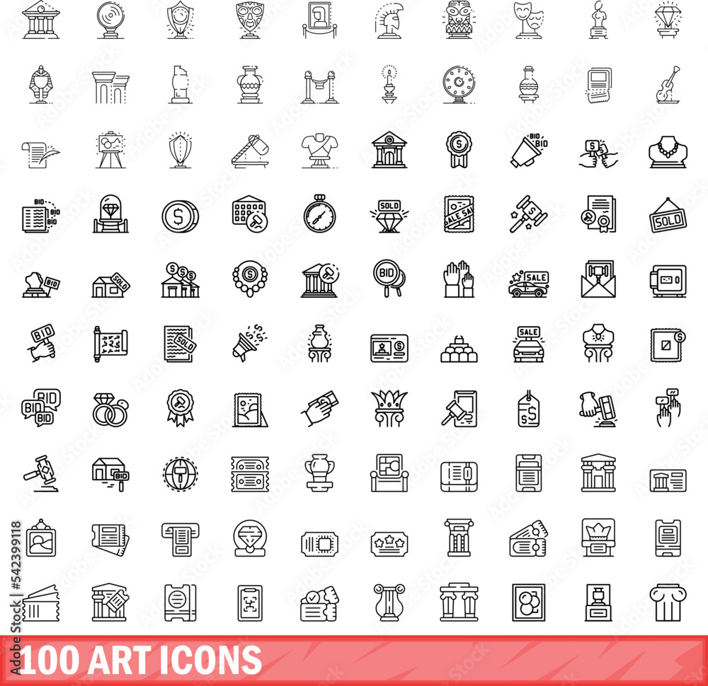 Wall mural 100 art icons set. outline illustration of 100 art icons vector set isolated on white background