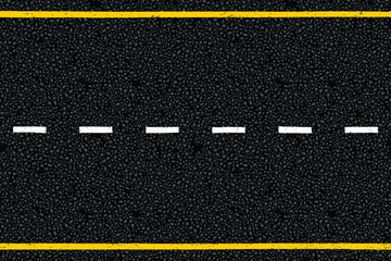 Yellow and white dotted highway traffic marks lines on tarmac road top view. Vector illustration. Background with old paint texture on asphalt surface. Roadway seamless pattern. Urban driveway