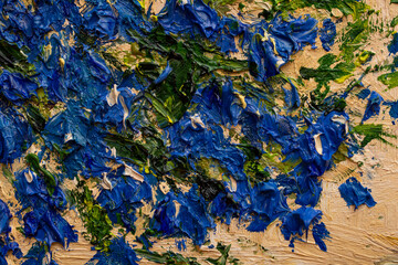 Blooming Lobelia in a pot on the wall. Fragment Original painting, oil on canvas 40 x 50 cm. Brush strokes