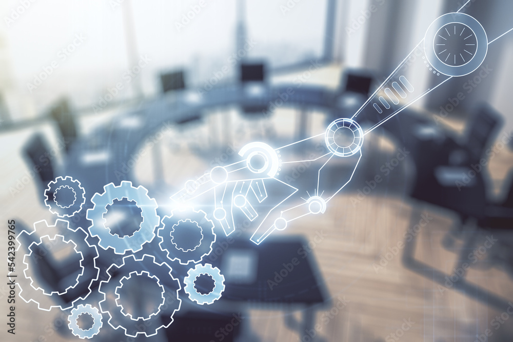 Aufkleber Abstract virtual robotics technology hologram on a modern coworking room background, artificial intelligence and machine learning concept. Multi exposure
