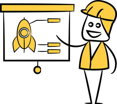 engineer presenting rocket stick figure illustration