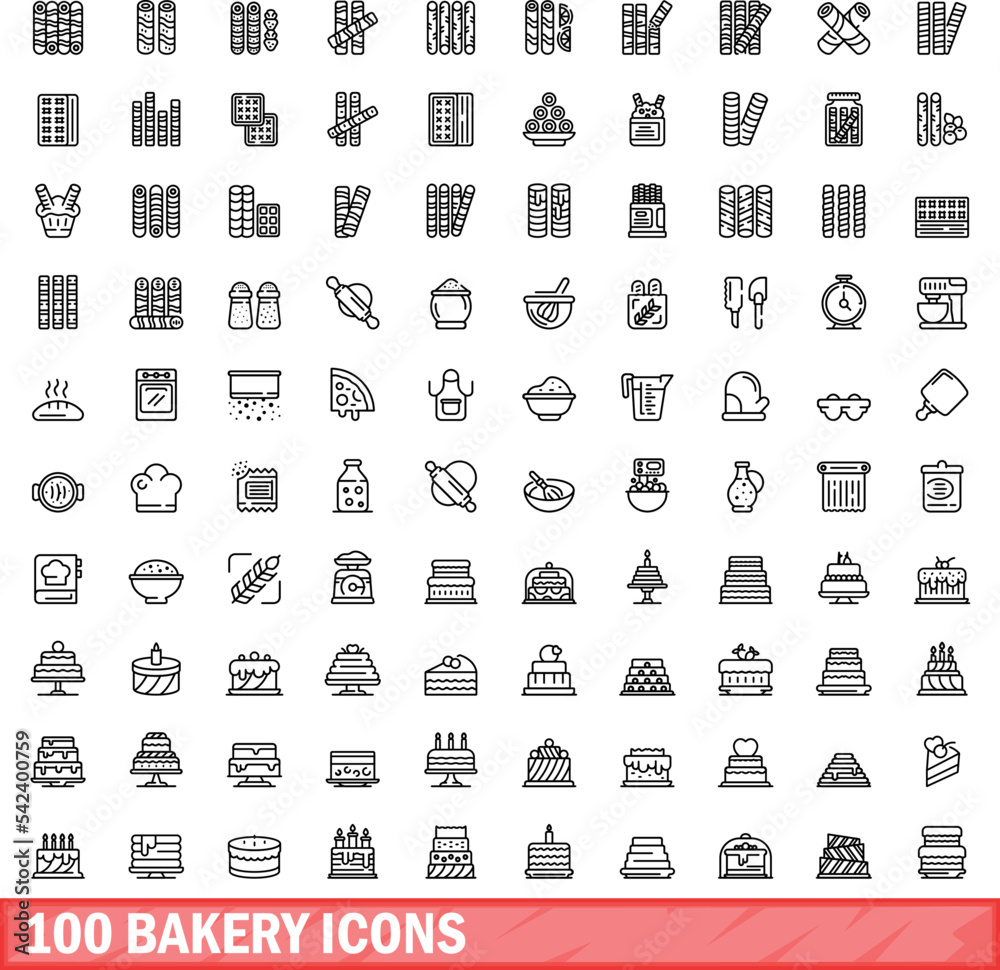 Wall mural 100 bakery icons set. outline illustration of 100 bakery icons vector set isolated on white backgrou