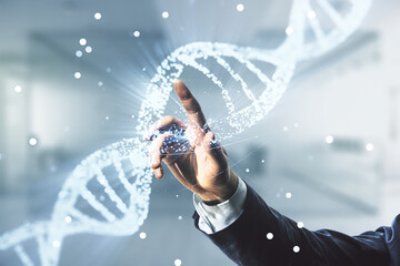 Male hand working with DNA hologram on blurred interior background, biotechnology and genetic...