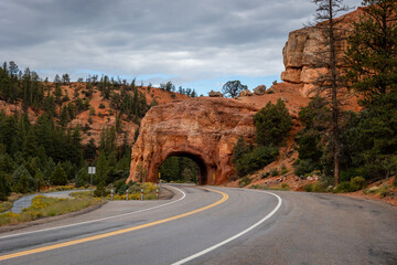 Dixie National Forest straddles the divide between the Great Basin and the Colorado River in southern Utah, in this scene a road trough the red rocks