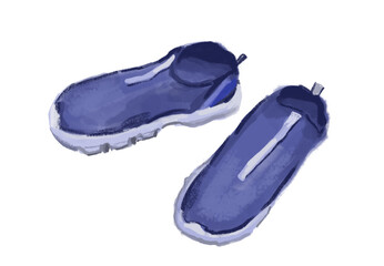 Watercolor sport blue boots sketch isolated on white background. Shoes for teenagers