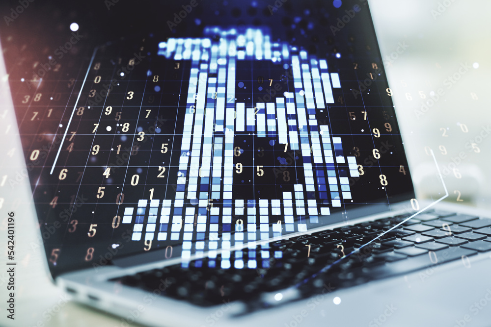 Poster creative bitcoin concept with modern computer background. double exposure