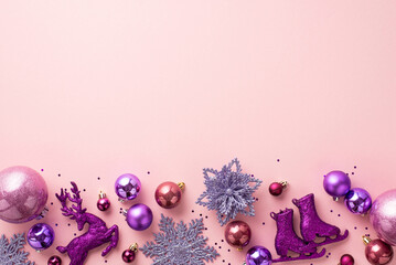 Christmas Eve concept. Top view photo of violet and pink baubles ice skates reindeer flower...