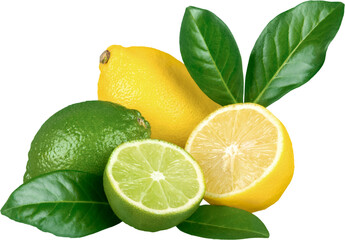 Lemons and Limes with Leaves - Isolated