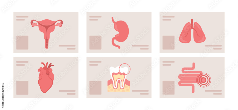 Poster human organs checkup semi flat color vector objects set. full sized items on white. medical tests re