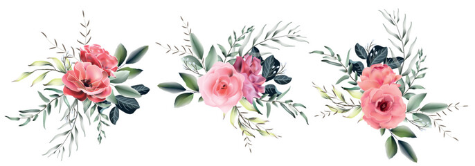 Vector vintage floral composition set with garden rose. Romantic design for natural cosmetics, perfume, women products. Can be used for greeting card, wedding invitation. 