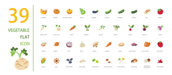 Set of 39 Vegetable icons, flat style. - obrazy, fototapety, plakaty