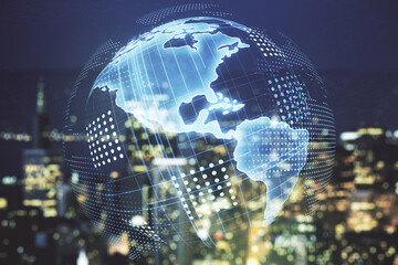 Virtual digital map of North America on blurry skyline background, international trading concept. Multiexposure