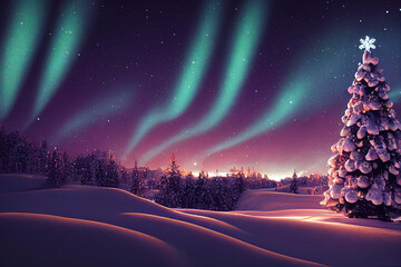 Winter christmas landscape. Magical fairy light. Christmas tree. Winter starry sky