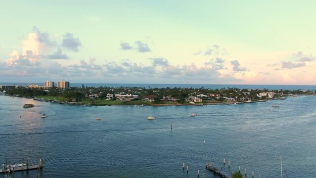 Orbiting drone shot over island on Florida east coast at sunset