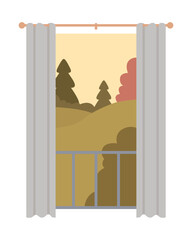 Autumn forest view semi flat color vector object. Editable element. Full sized item on white. Window and curtain simple cartoon style illustration for web graphic design and animation