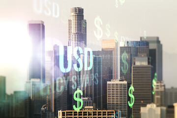 Virtual USD symbols illustration on Los Angeles skyline background. Trading and currency concept. Multiexposure