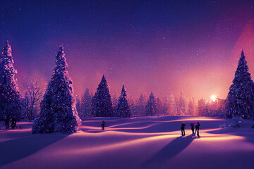 Winter kerst landschap. Magisch sprookjeslicht. Kerstboom. Winter sterrenhemel