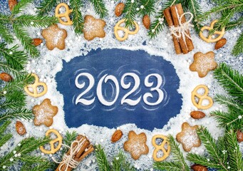 Feat lay Christmas background with cookies, fir branches and sweets. New Year 2023 lettering...