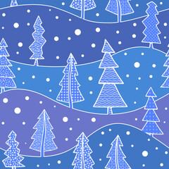 Seamless pattern, hills and trees, vector background on a winter theme