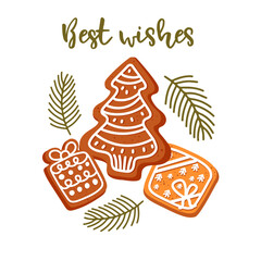Christmas card with cookie. Hand painted composition with gingerbread cookie and pine branches isolated on white background. Food illustration for design, print, fabric or background