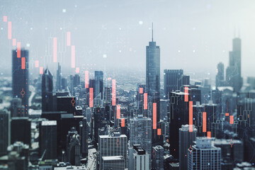 Fototapeta premium Double exposure of abstract virtual global crisis chart and world map hologram on Chicago city skyscrapers background. Financial crisis and recession concept
