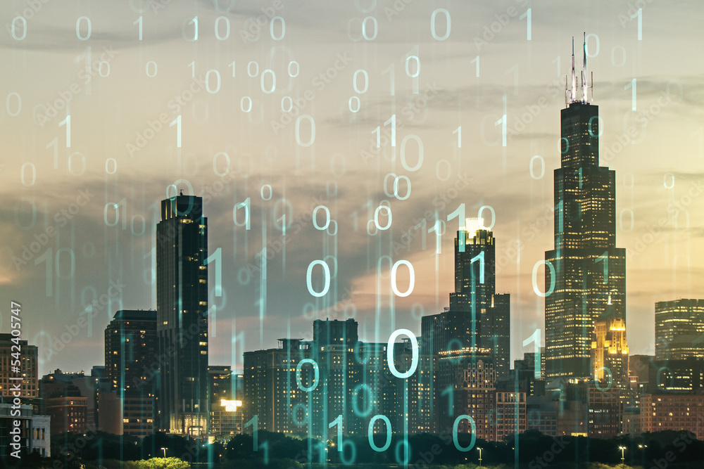 Leinwandbilder Abstract virtual binary code hologram on Chicago cityscape background, AI and machine learning concept. Multiexposure