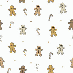 Christmas pattern with smiley gingerbread cookies and candies. Vector