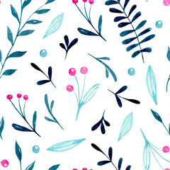 Seamless watercolor pattern with pink berries and blue twigs and leaves on a white background. Botanical ornament hand-drawn for fabric, textiles, paper.