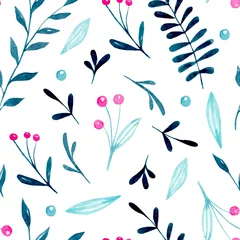 Fototapete Aquarell Natur Set Seamless watercolor pattern with pink berries and blue twigs and leaves on a white background. Botanical ornament hand-drawn for fabric, textiles, paper.