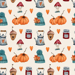Seamless autumn watercolor pattern with a pumpkin, a hat with a pompom, a jar of jam, orange hearts, a teapot, pumpkins, an acorn on a beige background. Autumn hand-drawn ornament for textiles , paper