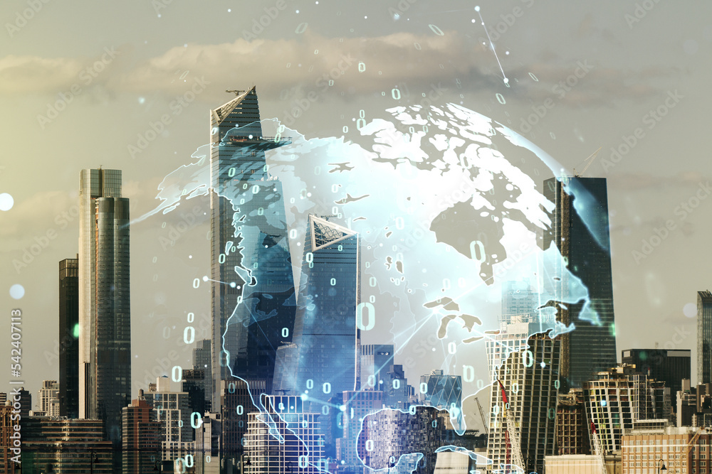 Aufkleber multi exposure of abstract graphic coding sketch and world map on manhattan cityscape background, bi